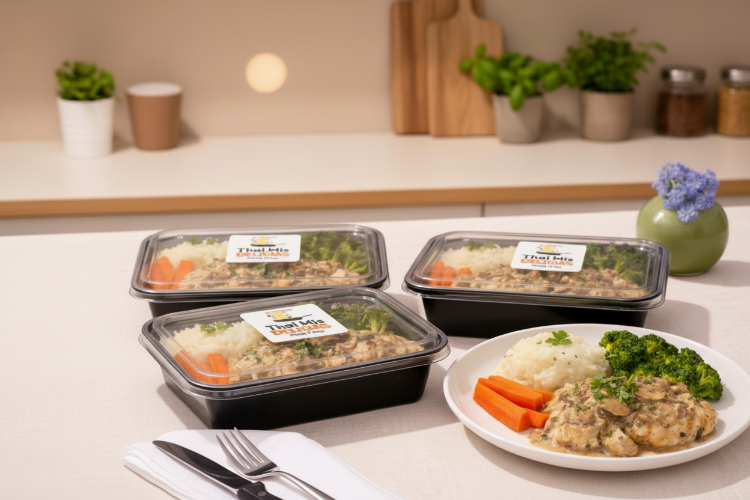 Prepared meals in black containers on a kitchen counter with a plate of food in the foreground. some fresh veggies around i want use for my hero banner
